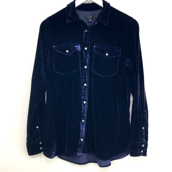 J. Crew Navy Blue Velvety Velour Button Up Pocket Chest Long Sleeve Shirt - Picture 4 of 16